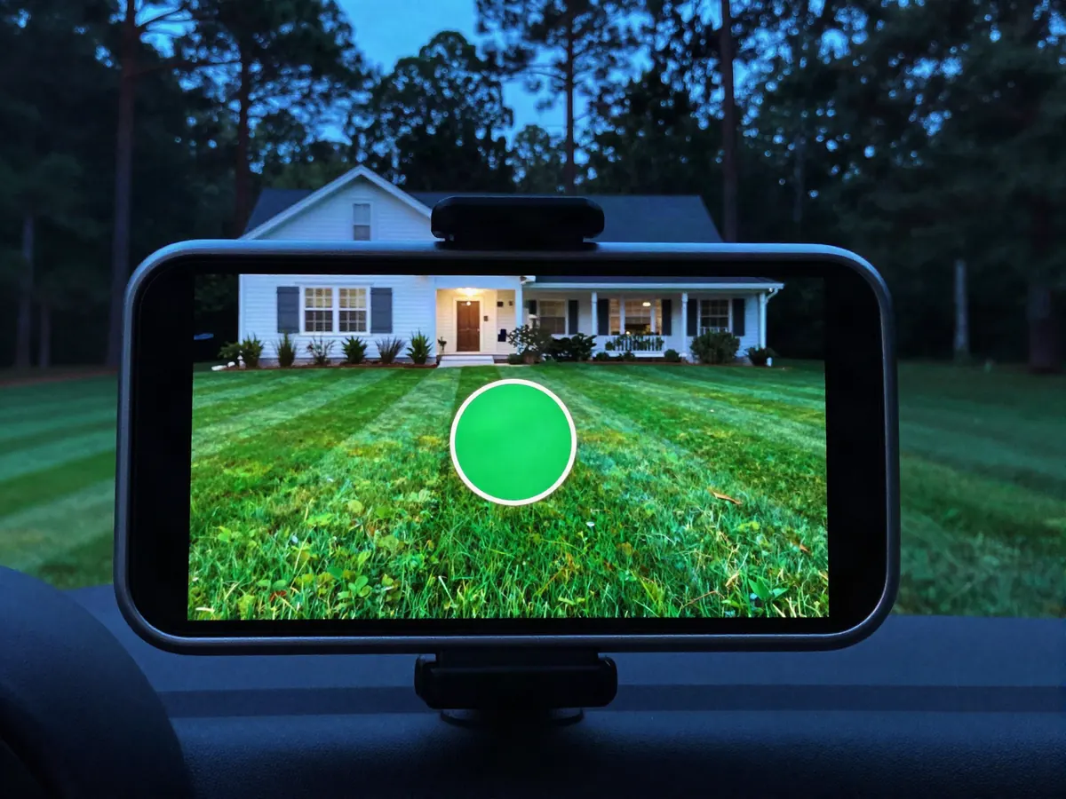 Phone on a truck dashboard showing a lawn care website