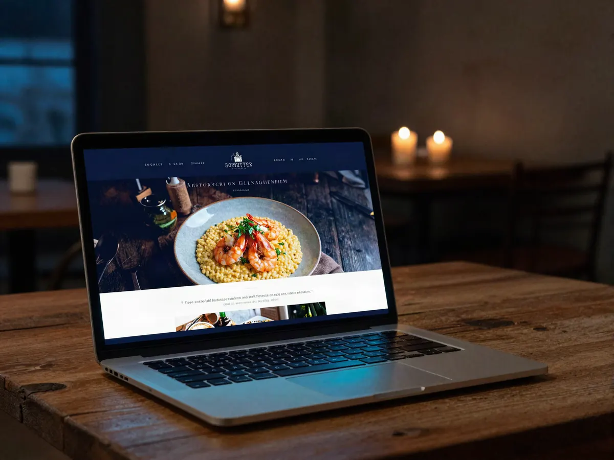 Laptop on a restaurant table showing a restaurant website with a shrimp and grits photo