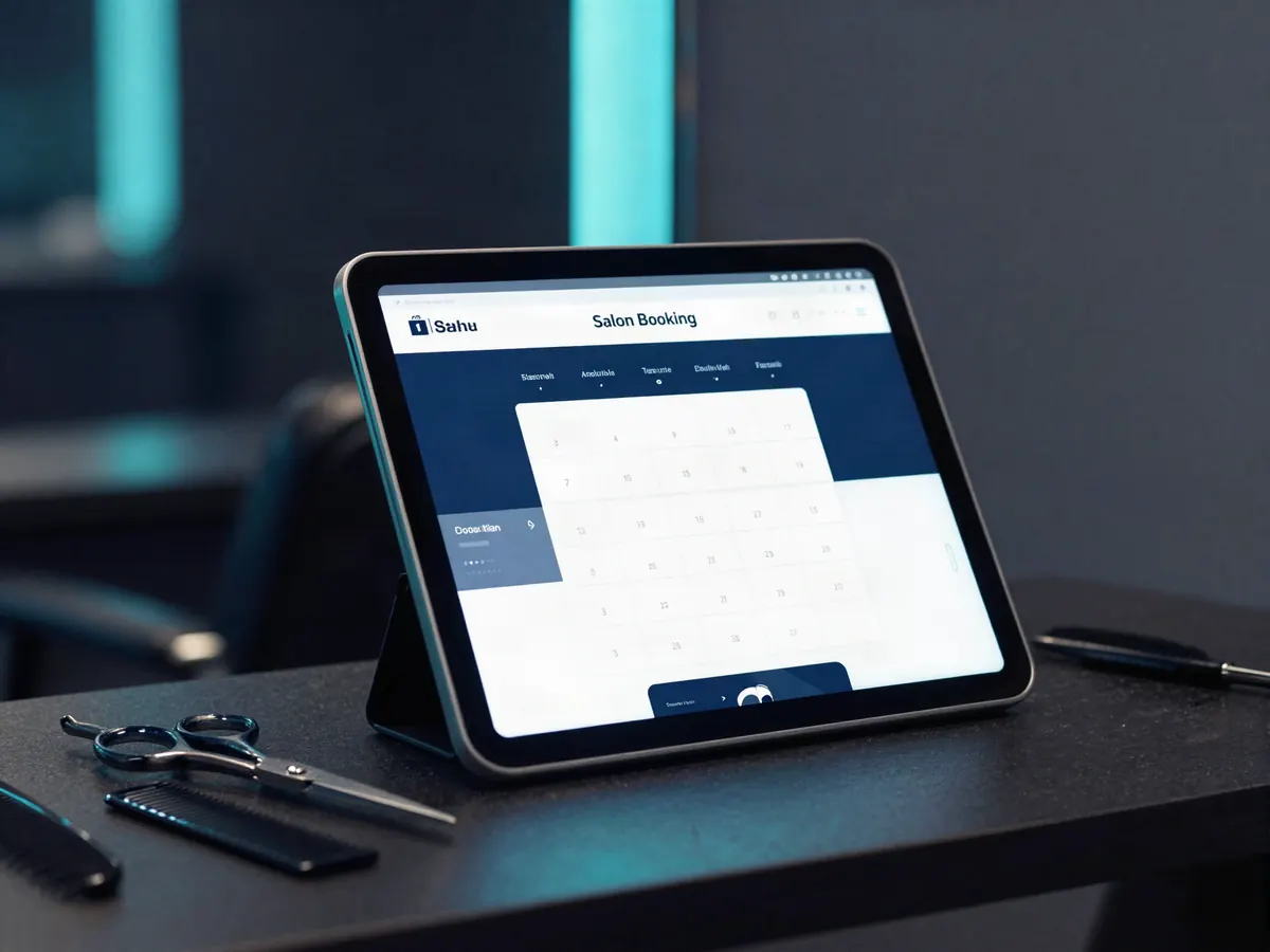 Tablet at a salon station showing an appointment booking website